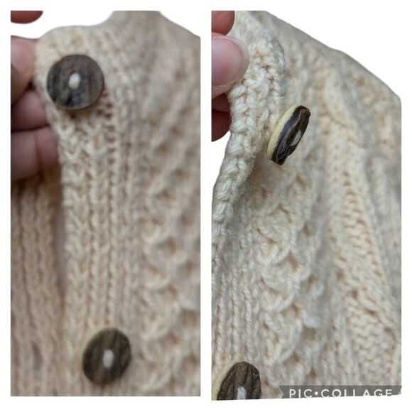 Fisherman Sweater Cardigan Off White Cream Heavy Cable Wood Buttons Unbranded - Picture 6 of 10